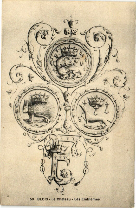 Carte postale ancienne Blois-Le Chateau-Les Emblemes à Blois