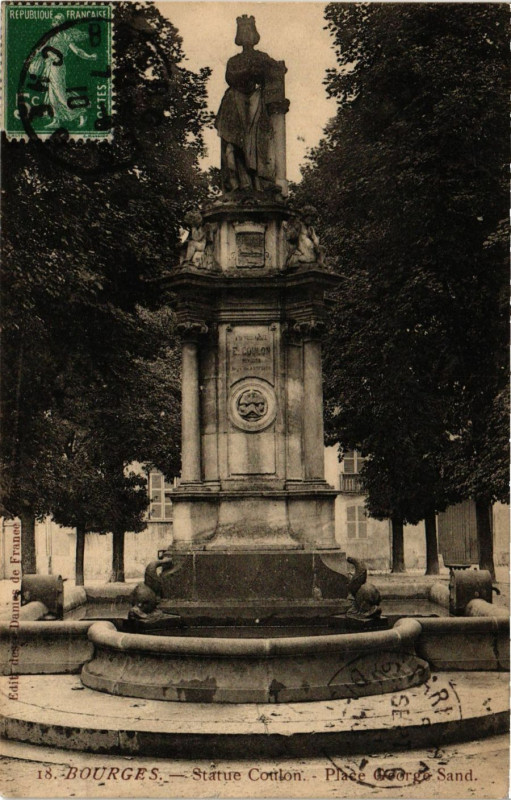 Carte postale ancienne Bourges - Statue Coulon - Place George Sand à Bourges