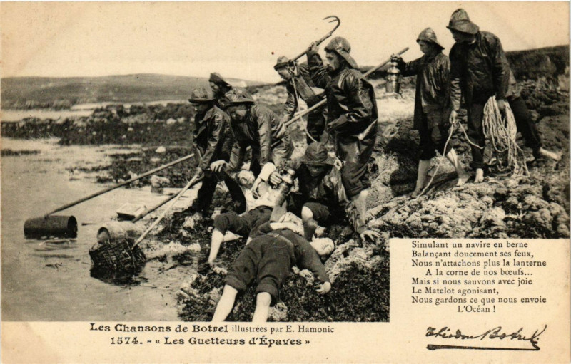 Carte postale ancienne Les Guetteurs d'Epaves - Les Chansons de Botrel - Folklore