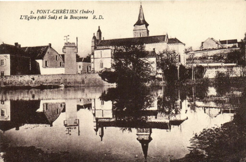 Carte postale ancienne Pont-Chrétien - L'Eglise (coté Sud) et la Bouzanne