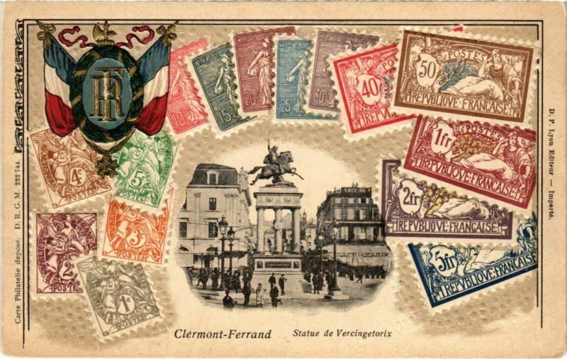 Carte postale ancienne Clermont-Ferrand - Statue de Vercingetorix 15 Timbres!! Embossed à Clermont-Ferrand