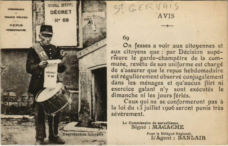 Carte postale ancienne Saint-Gervais-D'Auvergne - Avis pa la commissaire de surveillance à Saint-Gervais-d'Auvergne