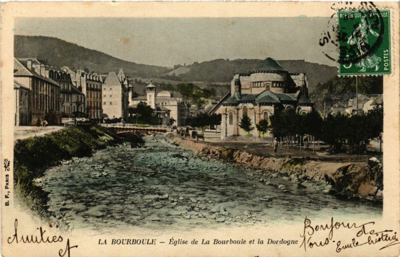 Carte postale ancienne La Bourboule Eglise de la Bourboule et la Dordogne à La Bourboule