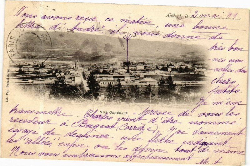 Carte postale ancienne Ambert le..2 mai 1901... - Vue générale à Ambert