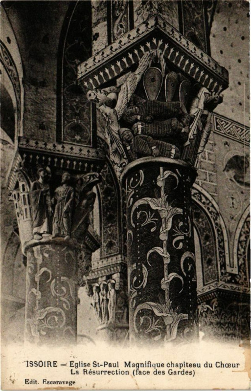 Carte postale ancienne Issoire-Eglise St-Paul Magnifique chapiteau du ChoeurLa Resurrectio à Issoire