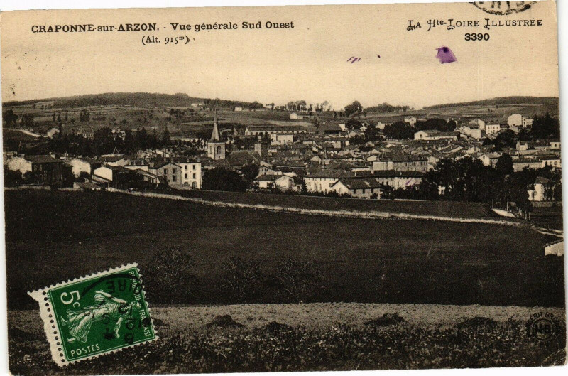 Carte postale ancienne Craponne-sur-Arzon - Vue générale Sud-Ouest (Alt 915m) à Craponne-sur-Arzon