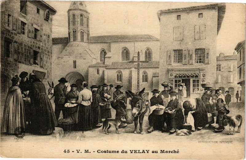 Carte postale ancienne V.M. - Costume du Velay au Marché