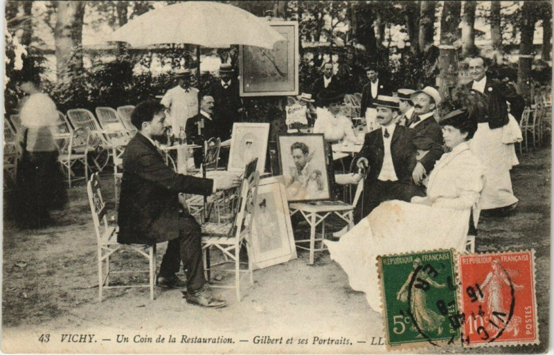Carte postale ancienne Vichy - Un coin de la restauration - Gilbert et ses Portraits à Vichy