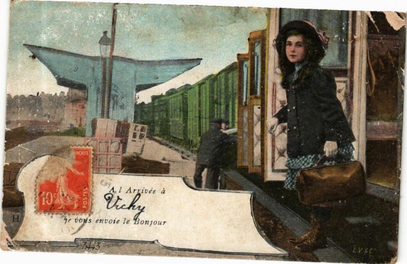 Carte postale ancienne Ed. Aqua 2443 Ã� l'Arrivée a Vichy je vous envois le Bonjour à Vichy
