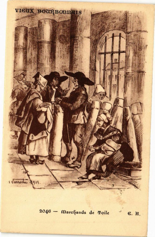 Carte postale ancienne Vieux Bourbonnais - Marchands de Toile
