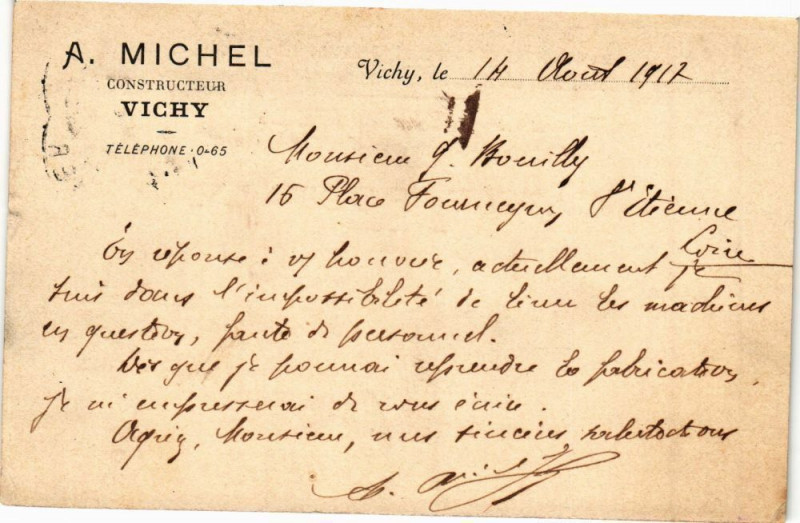 Carte postale ancienne Vichy le . 14 Aout 1912 .. A. Michel - Constructeur - Vichy à Vichy