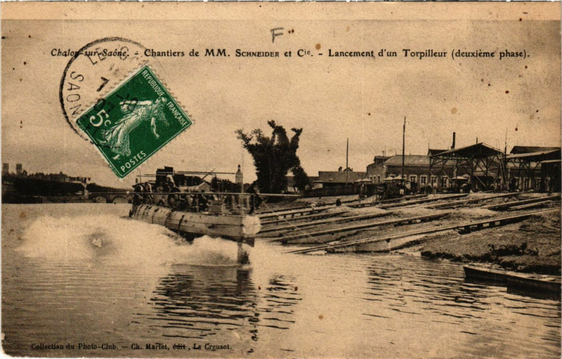 Carte postale ancienne Chalon-sur-Saone - Lancement d'un Torpilleur à Chalon-sur-Saône