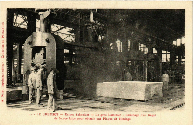 Carte postale ancienne Le Creusot - Usines Schneider - Le gros Laminoir - Laminage d'un au Creusot