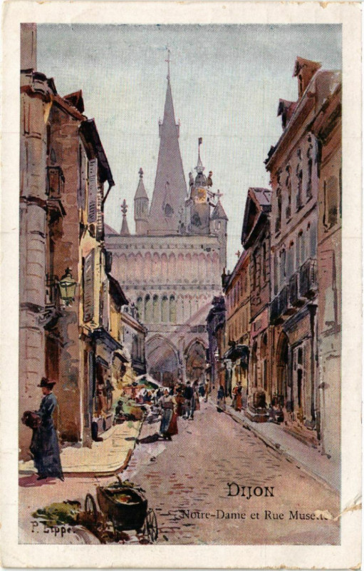 Carte postale ancienne Dijon - Notre-DAme et Rue à Dijon