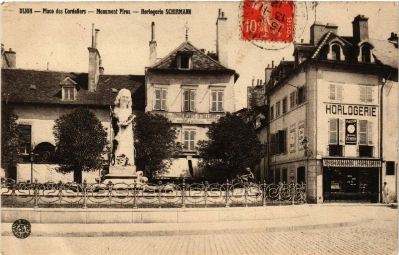 Carte postale ancienne Dijon - Place des Cordeliers - Monument - Horlogerie Schirmann à Dijon