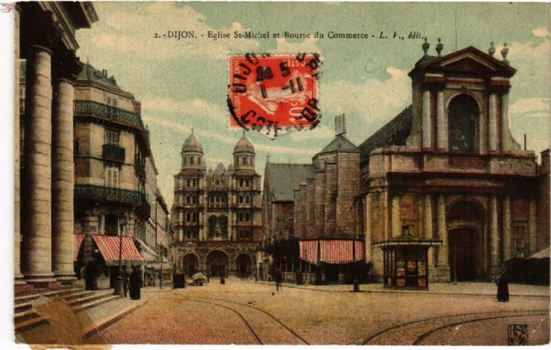 Carte postale ancienne Dijon - Eglise Saint-Michel et Bourse du Commerce à Dijon