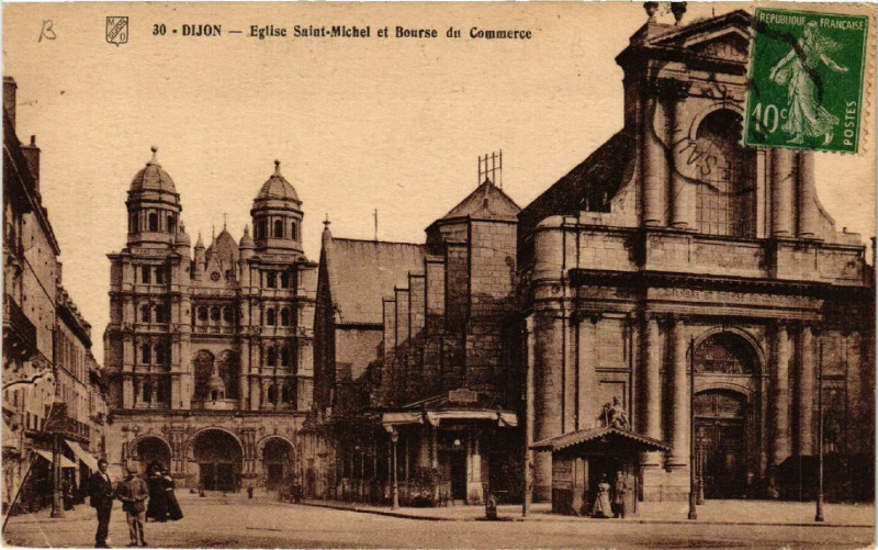 Carte postale ancienne Dijon - Eglise Saint-Michel et Bourse du Commerce à Dijon