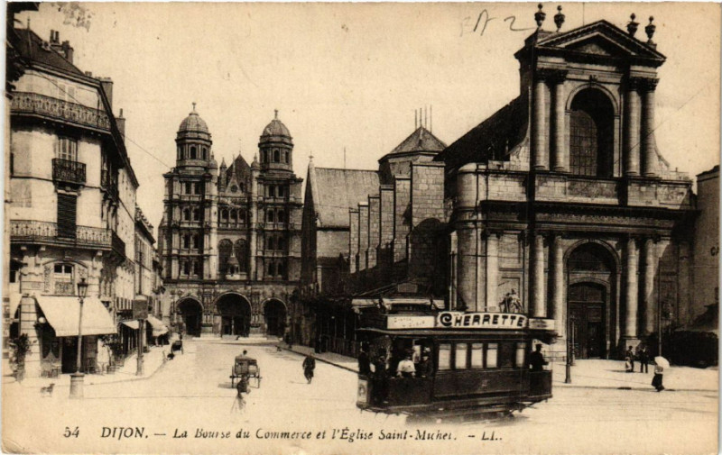 Carte postale ancienne Dijon - La Bourse du Commerce et Eglise Saint-Michel à Dijon