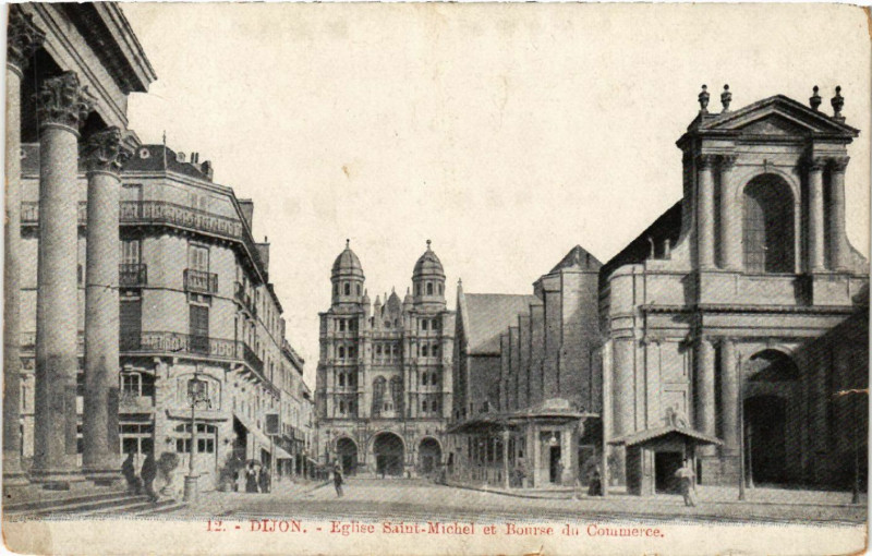 Carte postale ancienne Dijon - Eglise Saint-Michel et Bourse du Commerce à Dijon
