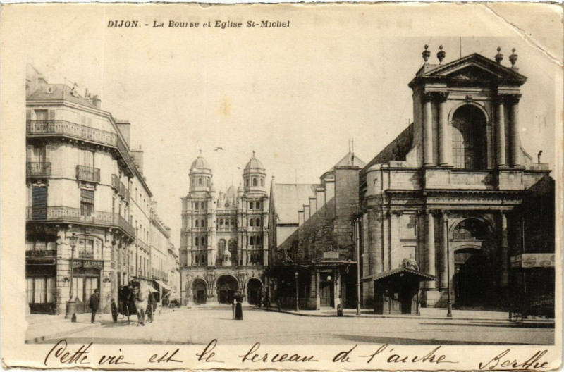 Carte postale ancienne Dijon - La Bourse et Eglise Saint-Michel à Dijon