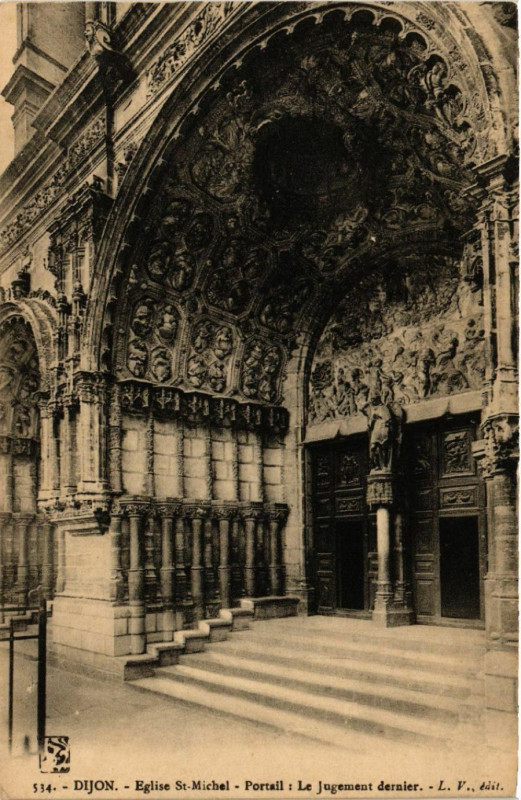 Carte postale ancienne Dijon - Eglise Saint-Michel - Portail - Le Jugement Dernier à Dijon
