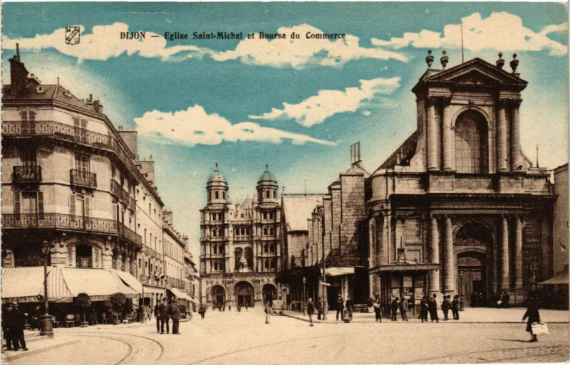 Carte postale ancienne Dijon - Eglise Saint-Michel et Bourse du Commerce à Dijon