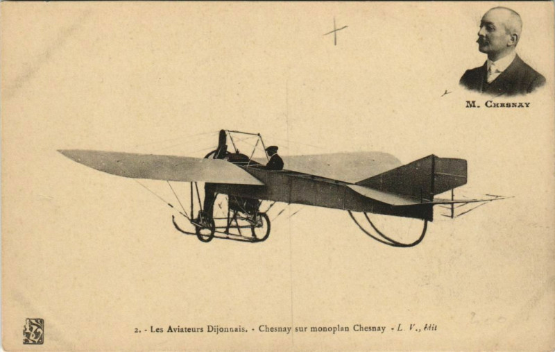 Carte postale ancienne Aviateurs Dijonnais (matching stamps) Chesnay sur monoplan Chesnay à Dijon