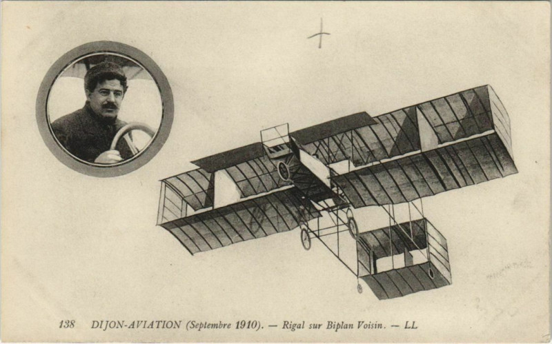 Carte postale ancienne Aviateurs Dijonnais (matching stamps) Rigal sur Biplan Voisin à Dijon