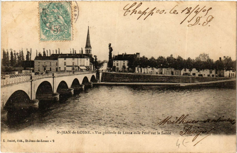 Carte postale ancienne Saint-Jean-de-Losne - Vue générale de Losne et le Pont sur la Saone à Saint-Jean-de-Losne