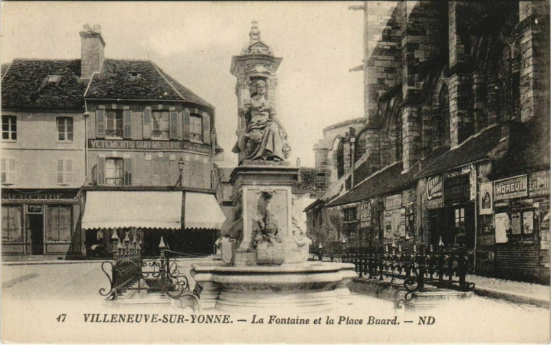 Carte postale ancienne Villeneuve-sur-Yonne - la fontaine et la place buard à Villeneuve-sur-Yonne