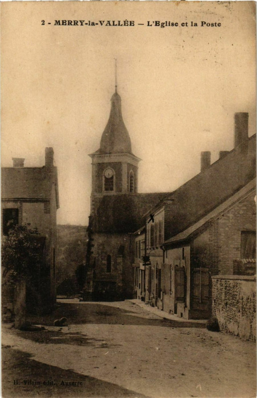 Carte postale ancienne Merry-la-Vallee - L'Eglise et la Poste France à Merry-la-Vallée