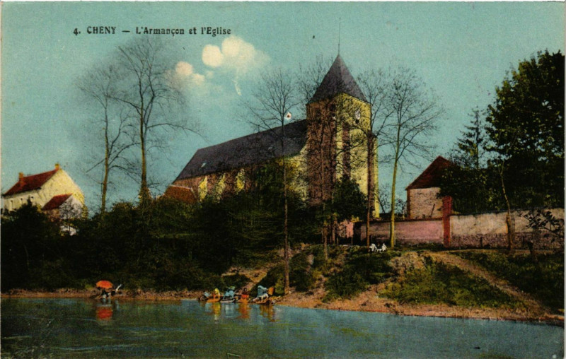 Carte postale ancienne Cheny - L'Armancon et l'Eglise France à Cheny