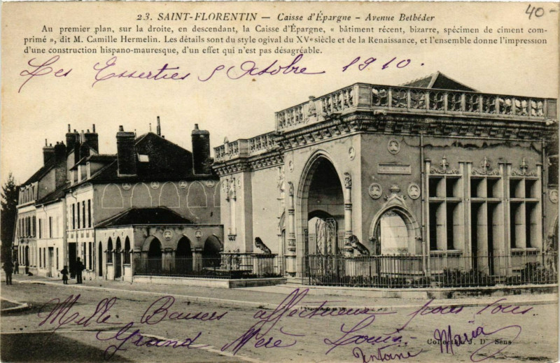 Carte postale ancienne Saint-Florentin - Caisse d'Epargne - Avenue Betbeder France à Saint-Florentin