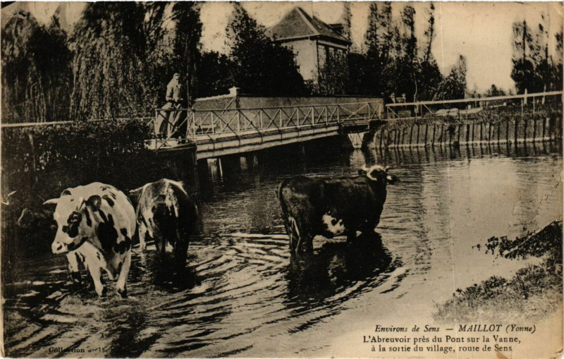Carte postale ancienne Env. de Sens - Maillot - L'Abreauvoir pres du Pont.. à Sens