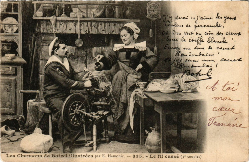 Carte postale ancienne Les Chansons de Botrel illustrées Le fil casse