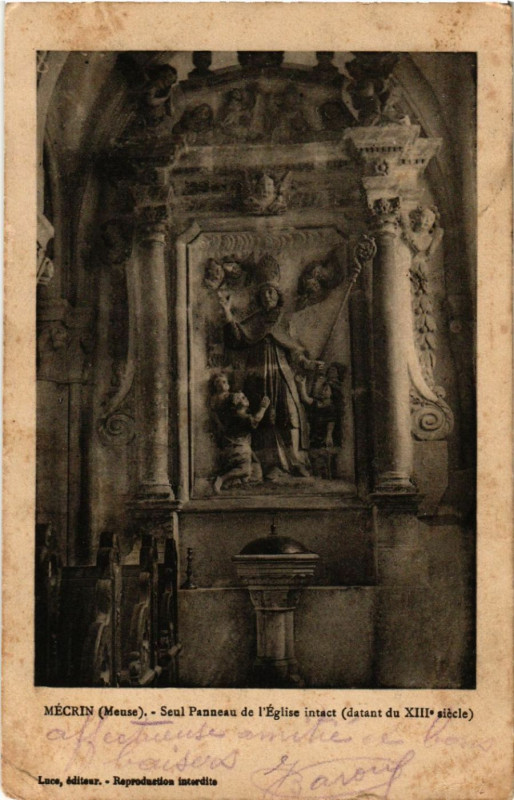 Carte postale ancienne Mecrin - Seul Panneau de Eglise intact à Mécrin