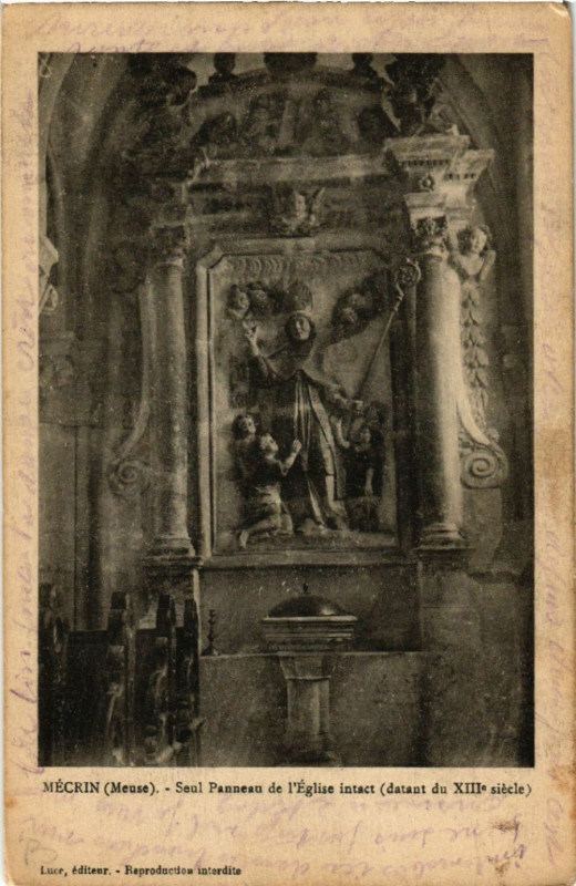 Carte postale ancienne Mecrin - Seul Panneau de Eglise intact à Mécrin