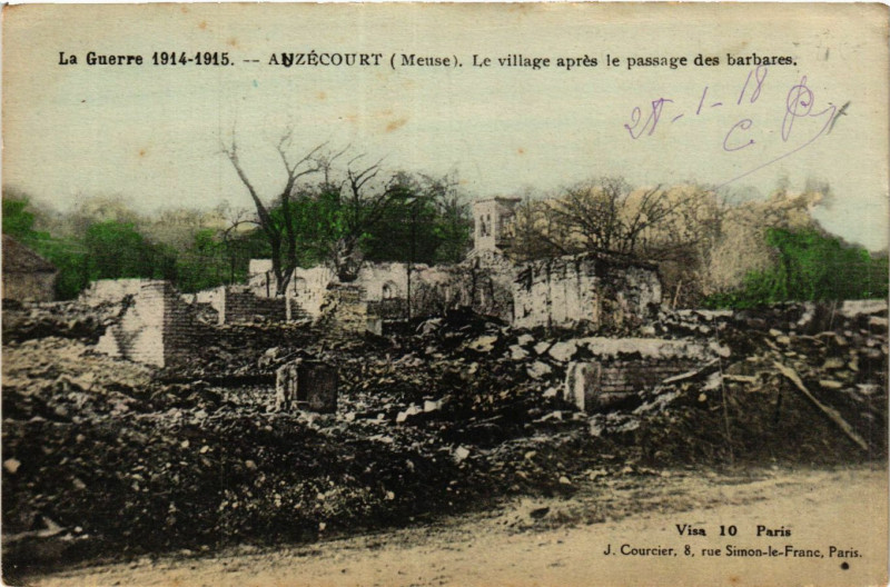 Carte postale ancienne 1914-15 Auzécourt (Meuse) - Levillage aprés le passage des ...