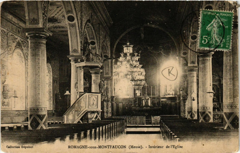 Carte postale ancienne Romagne -sous-Montfaucon (Meuse) - Intérieur de l'Eglise à Romagne-sous-Montfaucon