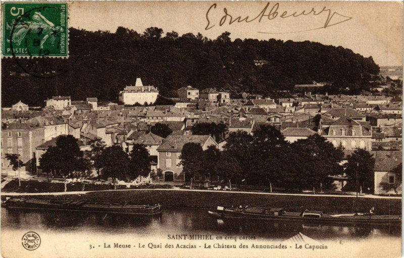 Carte postale ancienne Saint-Mihiel , en cinq cartes - La Meuse - Le Quai des Acacias... à Saint-Mihiel