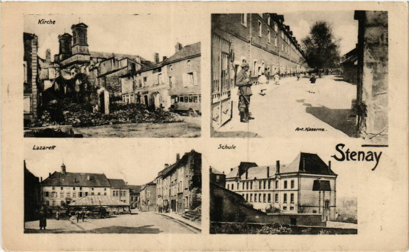 Carte postale ancienne Stenay - Kirche-Art.Kaserne-Lazarelt-Schule à Stenay