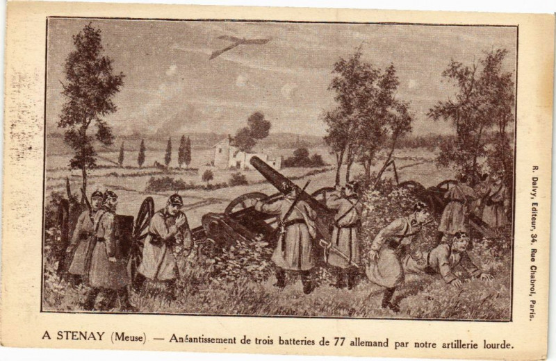 Carte postale ancienne Stenay - Anéantissement de trois batteries de 77 allemand à Stenay