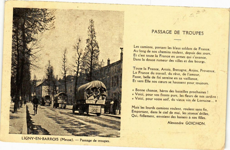 Carte postale ancienne Ligny en Barrois-Passage de troupes à Ligny-en-Barrois