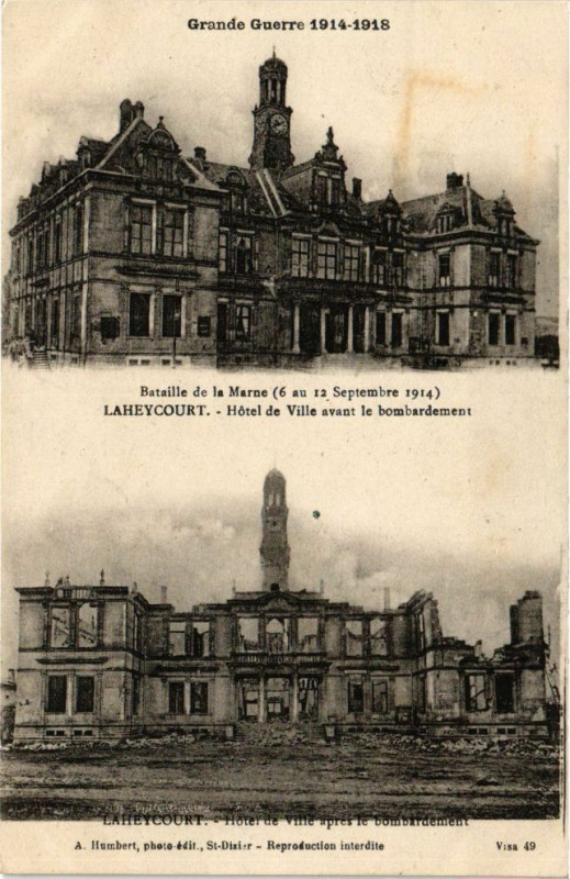 Carte postale ancienne Laheycourt-Hótel de Ville avant/aprés le bombardement à Laheycourt