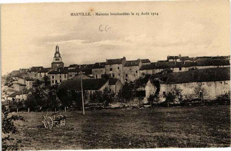 Carte postale ancienne Marville - Maisons bombardées le 25 Aout 1914 à Marville