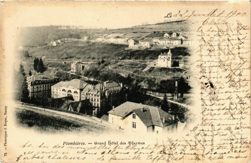Carte postale ancienne Plombieres-l-Bains Grand Hotel des Thermes à Grand
