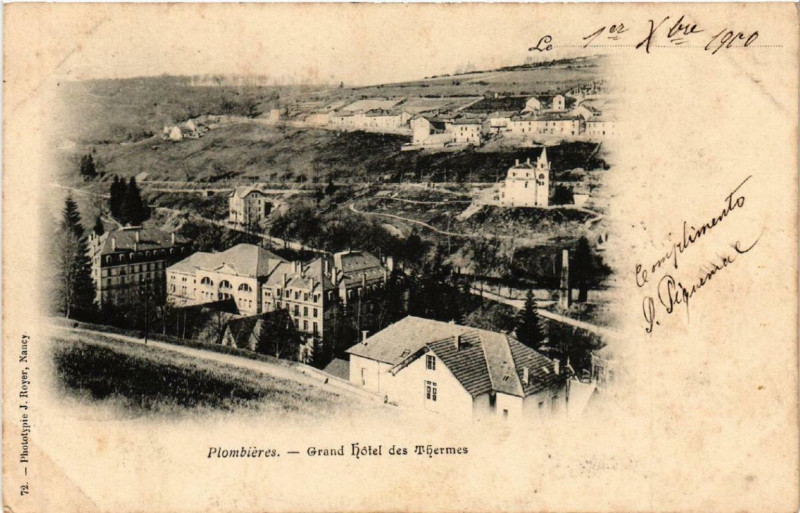 Carte postale ancienne Plombieres Grand Hotel des Themes. à Grand