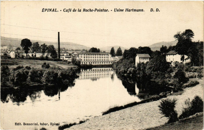 Carte postale ancienne Epinal - Café de la Roche-Pointue - Usine Hartmann à Épinal