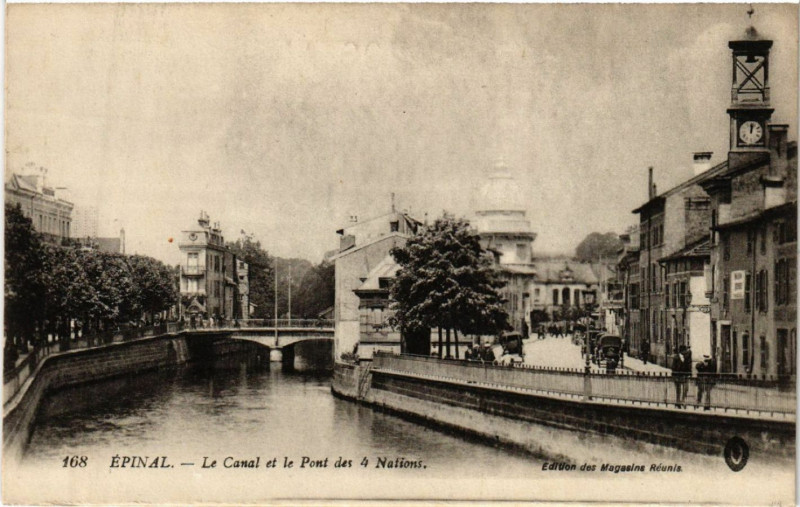 Carte postale ancienne Epinal - Le Canal et le Pont des 4 Nations à Épinal