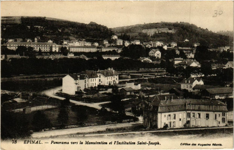 Carte postale ancienne Epinal Panorama vers la Manutentiton et l'Institution Saint-Joseph à Épinal